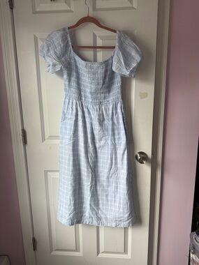Jessica Simpson Light Blue Plaid Midi Dress with Puff Sleeves